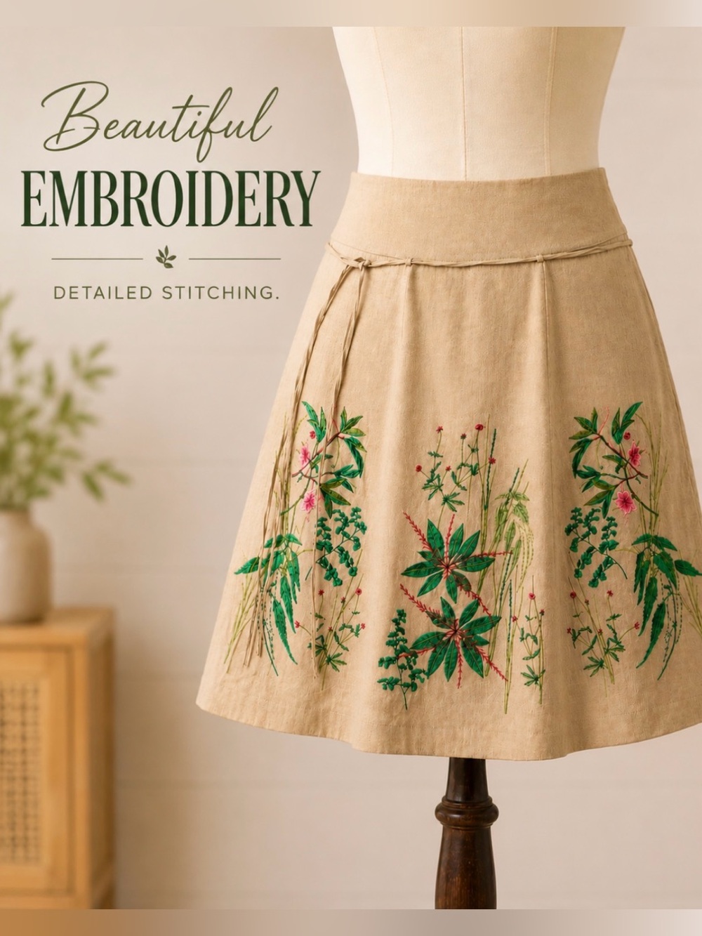 Saint Tropez West A-Line Embroidered Linen Blend Skirt Boho Floral  Size 8